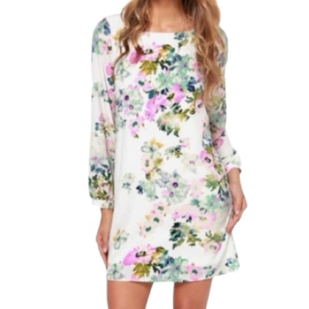 PINK OWL Hydrangea Hopes Ivory Floral Long Sleeve Sheath Watercolor Dress S
